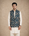 Manyavar Men Blue Silk & Blended Linen Kurta Jacket Set with Thread Embroidery