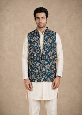Manyavar Men Blue Silk & Blended Linen Kurta Jacket Set with Thread Embroidery