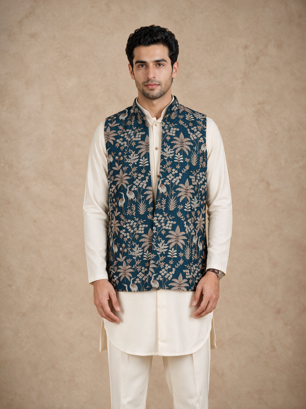 Manyavar Men Blue Silk & Blended Linen Kurta Jacket Set with Thread Embroidery