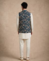 Manyavar Men Blue Silk & Blended Linen Kurta Jacket Set with Thread Embroidery
