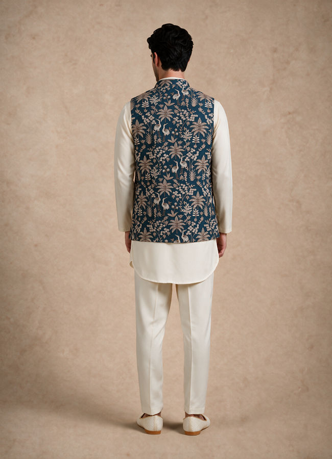 Manyavar Men Blue Silk & Blended Linen Kurta Jacket Set with Thread Embroidery