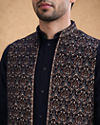 Manyavar Men Dark Blue Velvet Kurta Jacket Set with Thread Work