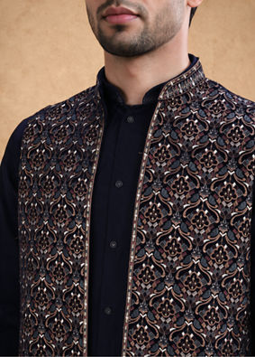 Manyavar Men Dark Blue Velvet Kurta Jacket Set with Thread Work