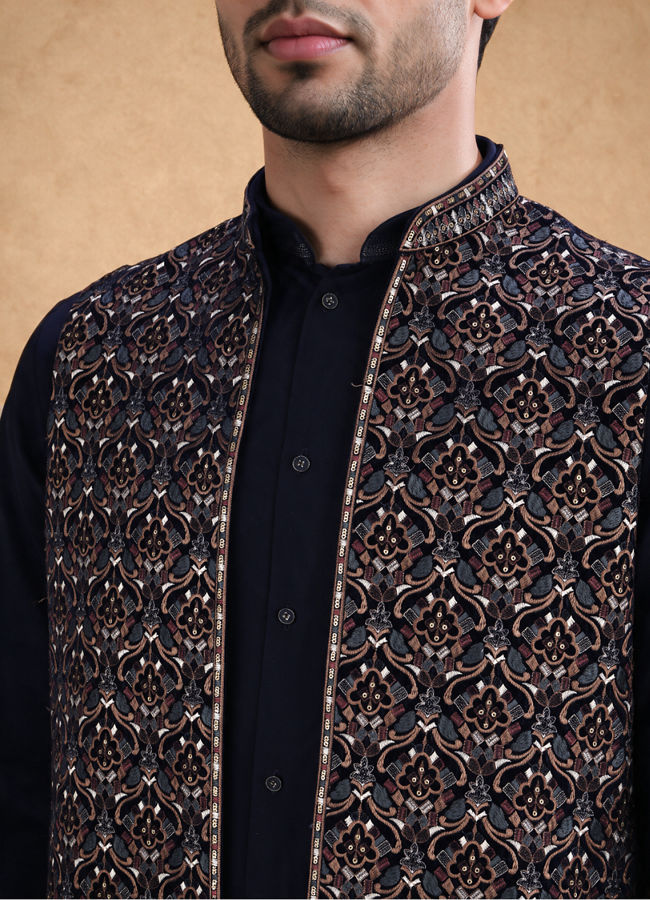 Manyavar Men Dark Blue Velvet Kurta Jacket Set with Thread Work