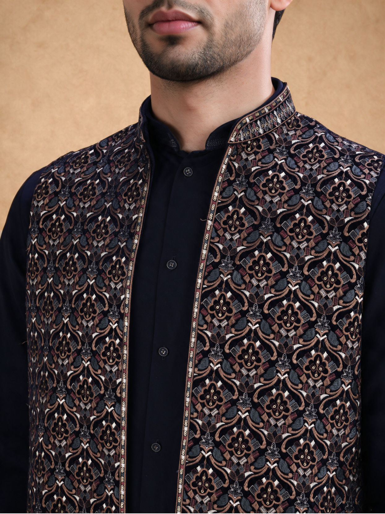 Manyavar Men Dark Blue Velvet Kurta Jacket Set with Thread Work