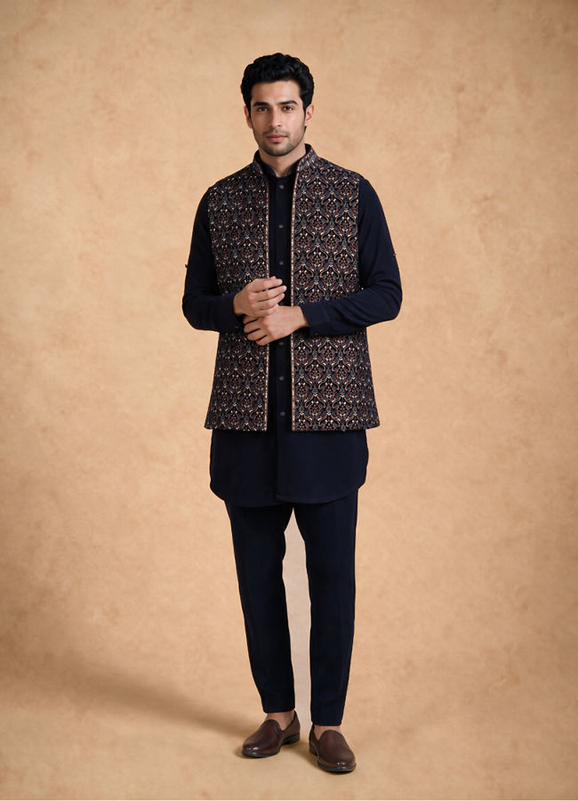 Manyavar Men Dark Blue Velvet Kurta Jacket Set with Thread Work