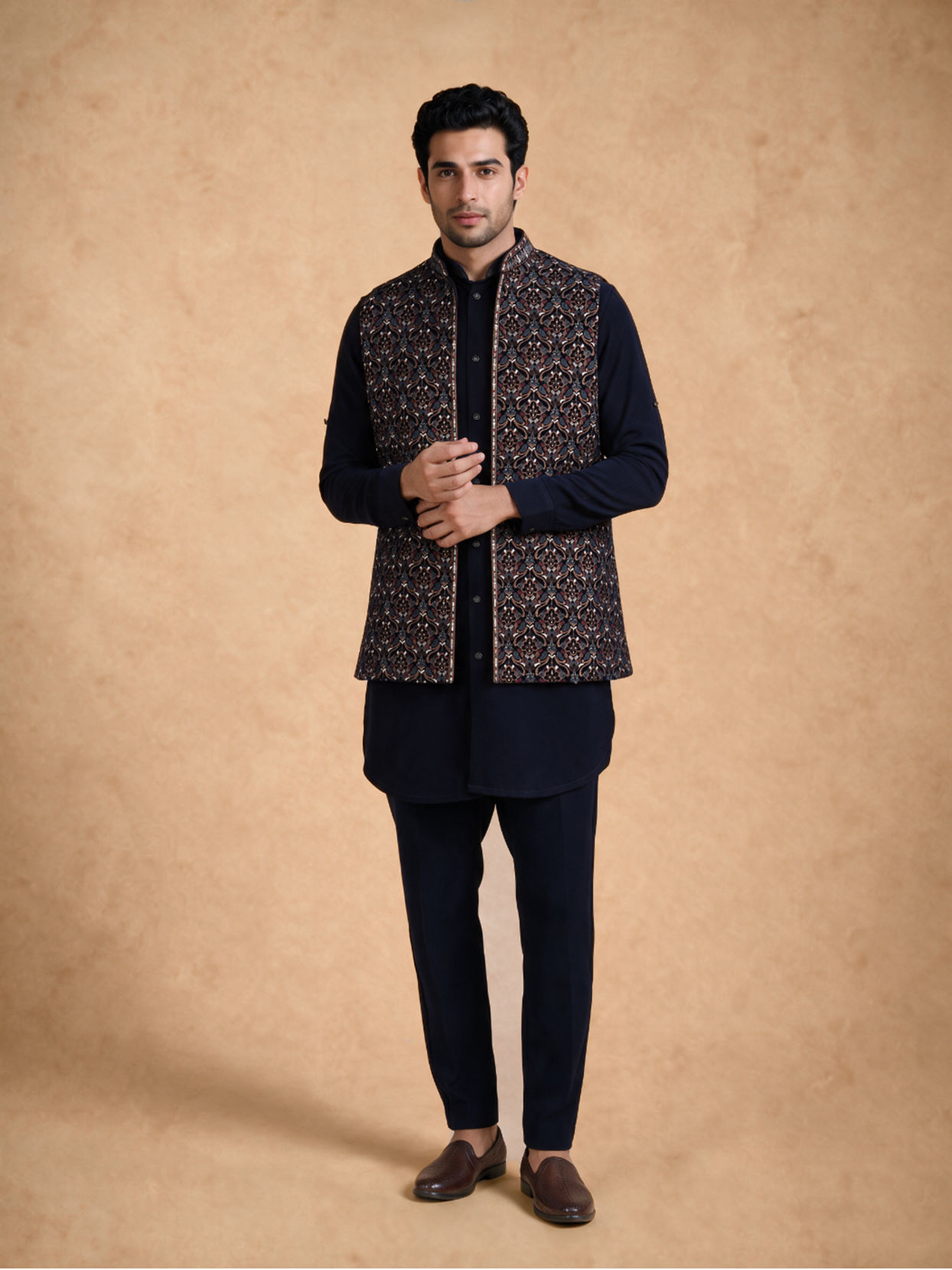 Manyavar Men Dark Blue Velvet Kurta Jacket Set with Thread Work
