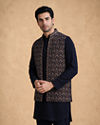 Manyavar Men Dark Blue Velvet Kurta Jacket Set with Thread Work