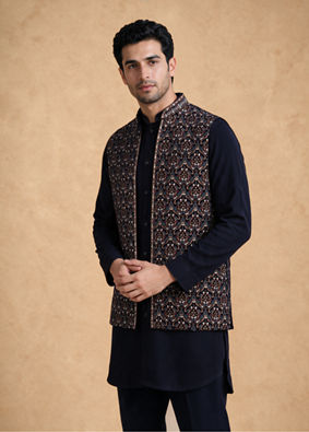 Manyavar Men Dark Blue Velvet Kurta Jacket Set with Thread Work