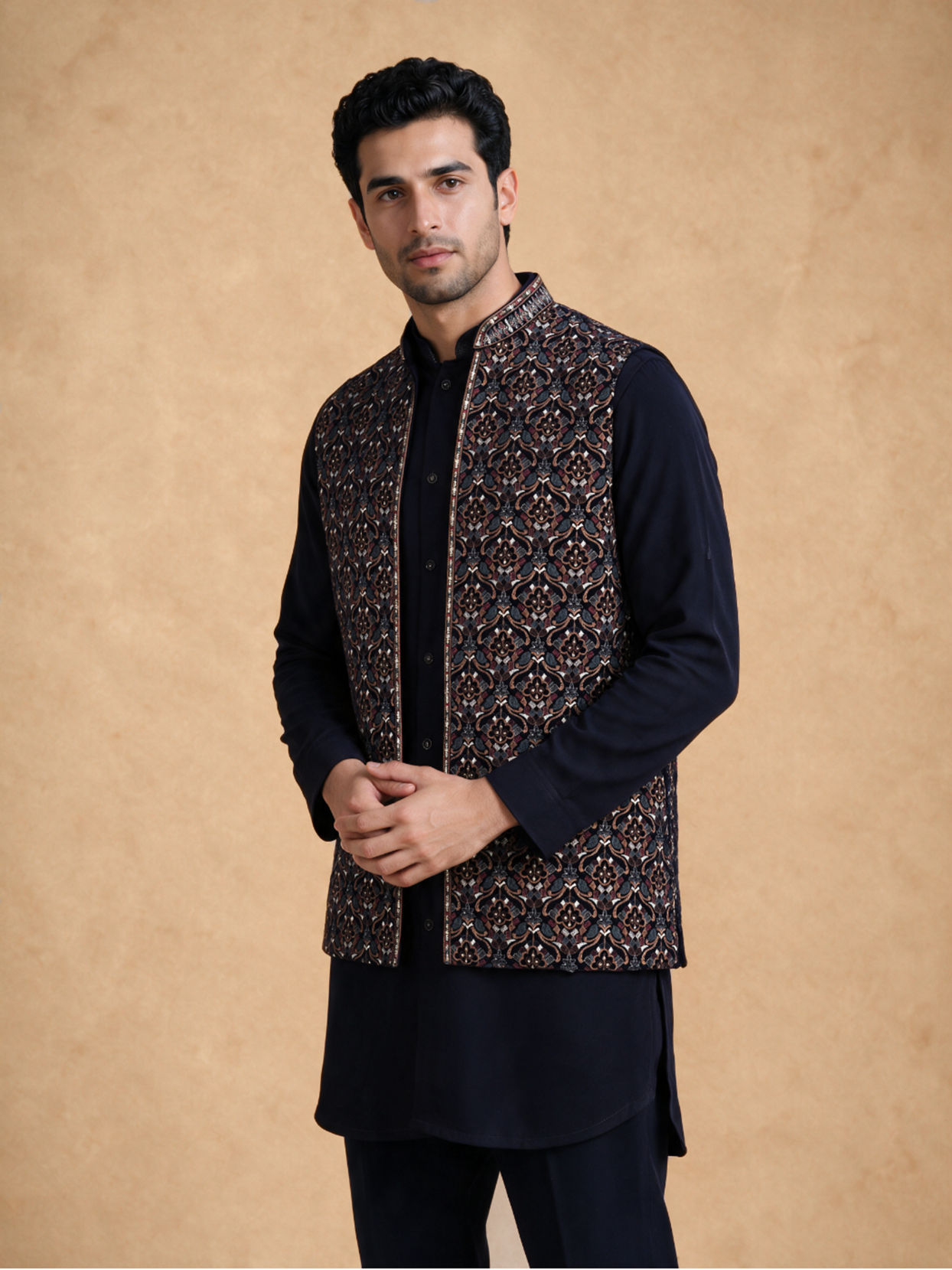 Manyavar Men Dark Blue Velvet Kurta Jacket Set with Thread Work