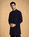 Manyavar Men Dark Blue Velvet Kurta Jacket Set with Thread Work