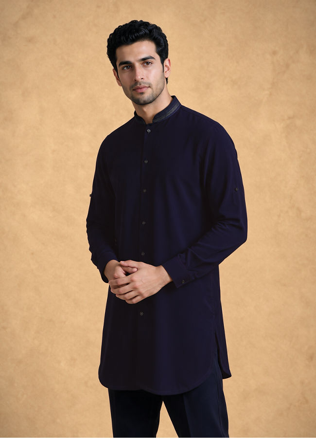 Manyavar Men Dark Blue Velvet Kurta Jacket Set with Thread Work
