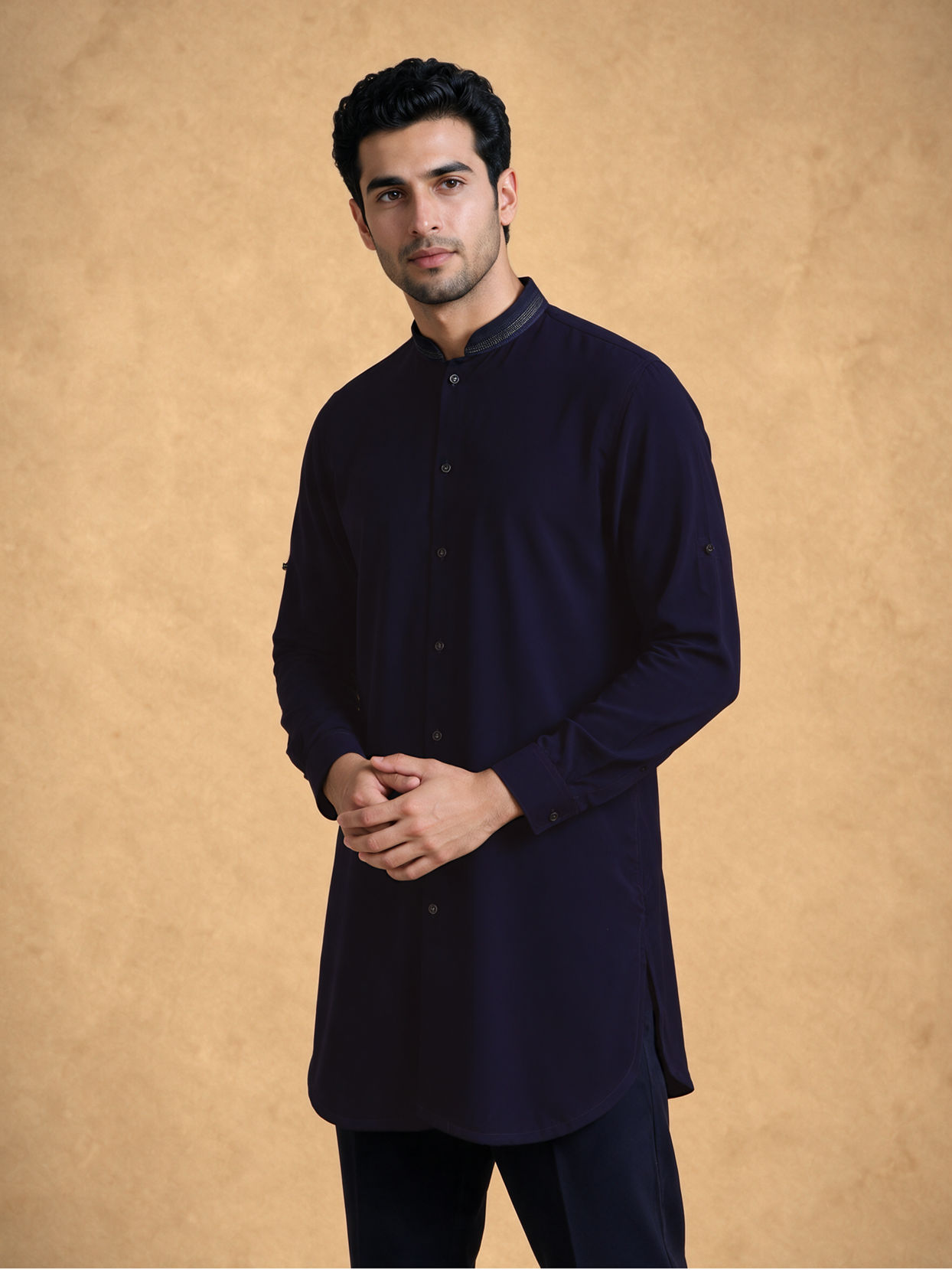 Manyavar Men Dark Blue Velvet Kurta Jacket Set with Thread Work