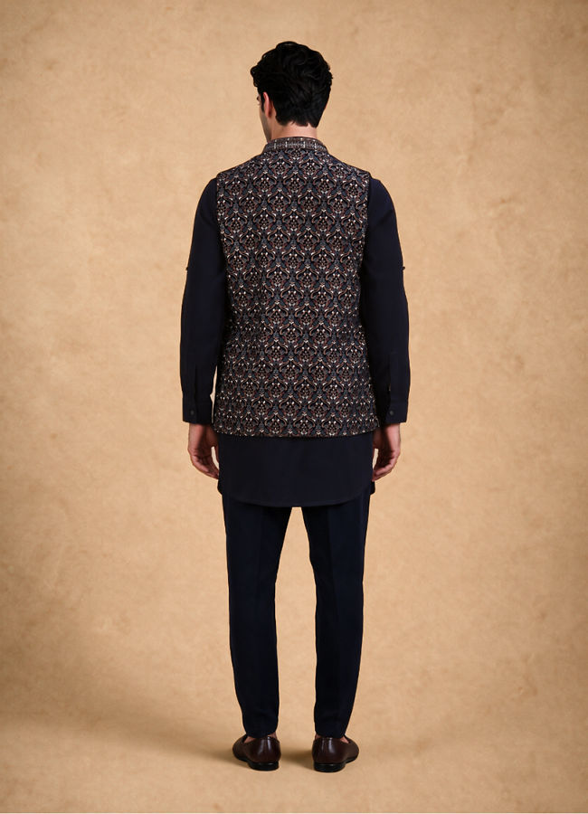 Manyavar Men Dark Blue Velvet Kurta Jacket Set with Thread Work