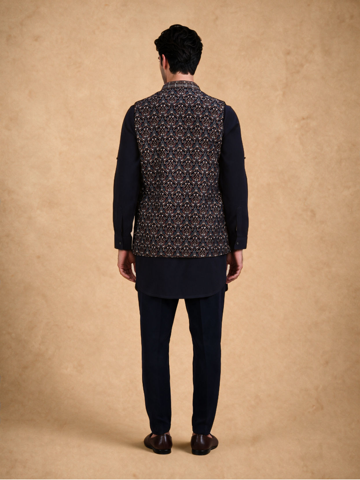 Manyavar Men Dark Blue Velvet Kurta Jacket Set with Thread Work