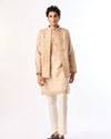 Manyavar Men Beige Art Silk Kurta Jacket Set with Embroidery