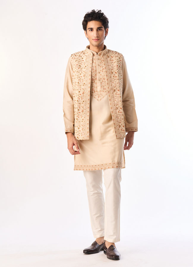 Manyavar Men Beige Art Silk Kurta Jacket Set with Embroidery
