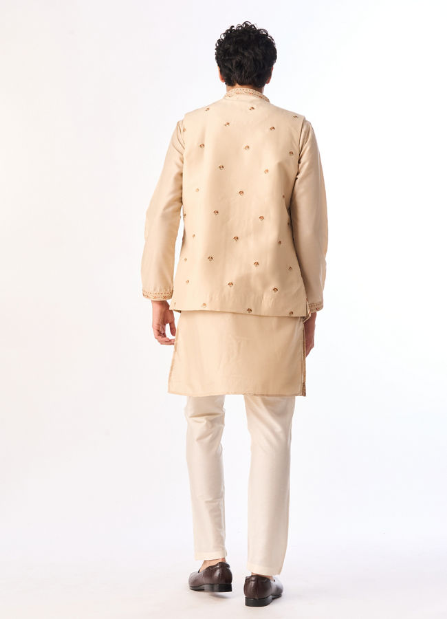 Manyavar Men Beige Art Silk Kurta Jacket Set with Embroidery