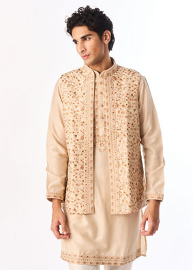 Manyavar Men Beige Art Silk Kurta Jacket Set with Embroidery