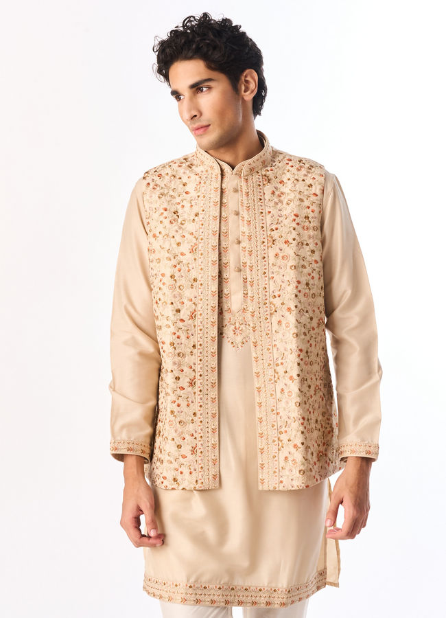 Manyavar Men Beige Art Silk Kurta Jacket Set with Embroidery