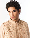 Manyavar Men Beige Art Silk Kurta Jacket Set with Embroidery