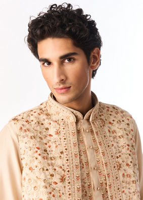 Manyavar Men Beige Art Silk Kurta Jacket Set with Embroidery