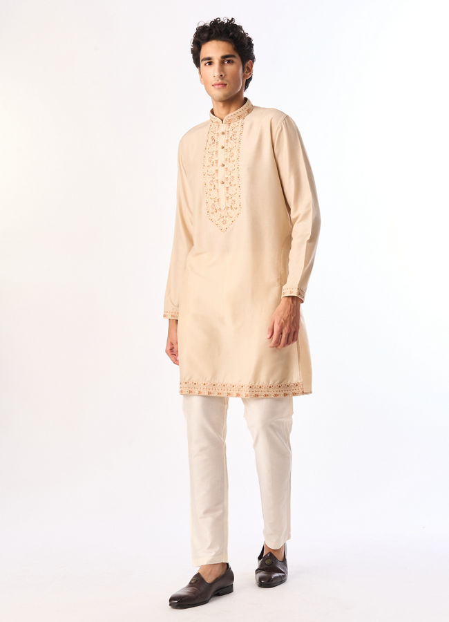 Manyavar Men Beige Art Silk Kurta Jacket Set with Embroidery