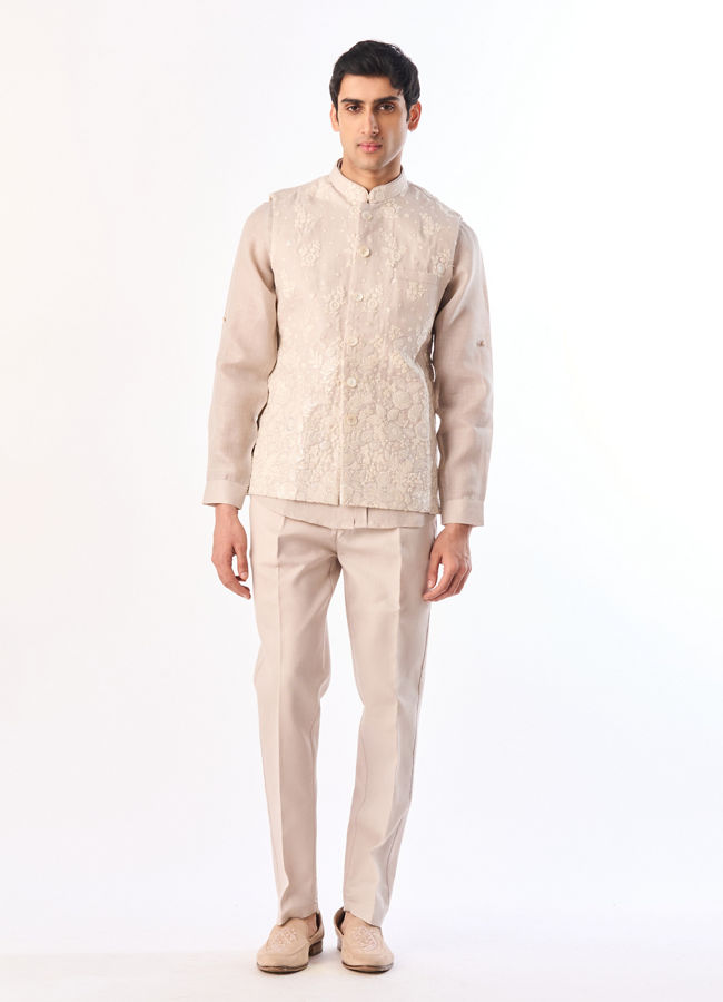 Manyavar Men Beige Blended Cotton Kurta Jacket Set with Embroidery