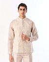 Manyavar Men Beige Blended Cotton Kurta Jacket Set with Embroidery