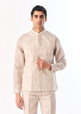 Manyavar Men Beige Blended Cotton Kurta Jacket Set with Embroidery