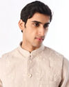 Manyavar Men Beige Blended Cotton Kurta Jacket Set with Embroidery
