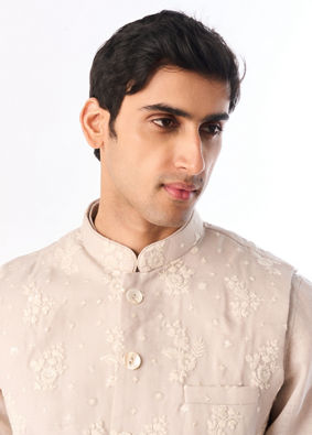 Manyavar Men Beige Blended Cotton Kurta Jacket Set with Embroidery