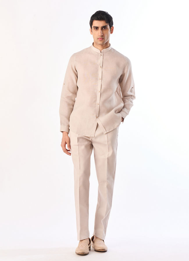 Manyavar Men Beige Blended Cotton Kurta Jacket Set with Embroidery