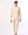 Manyavar Men Cream Blended Cotton Kurta Jacket Set with Embroidery