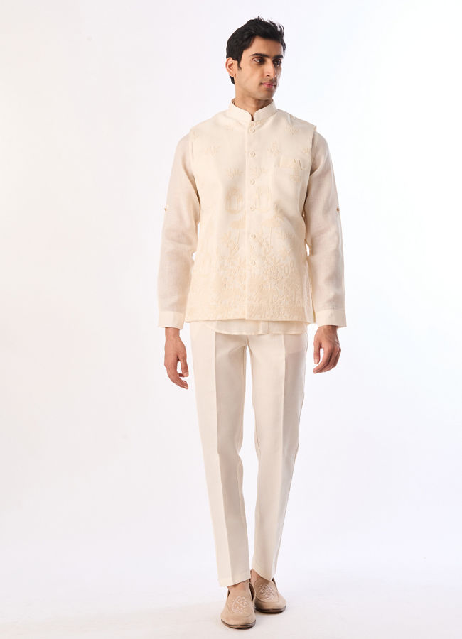 Manyavar Men Cream Blended Cotton Kurta Jacket Set with Embroidery