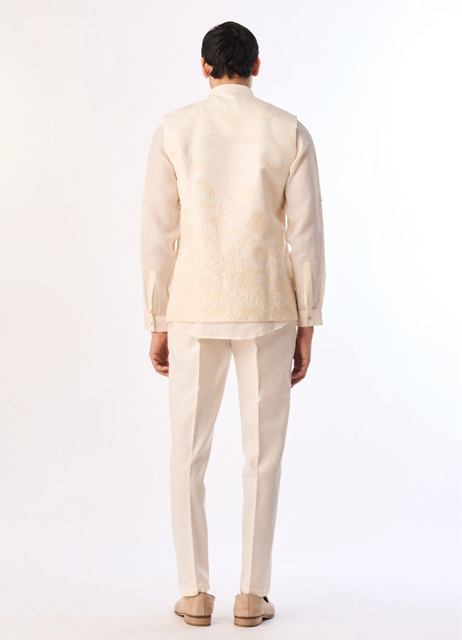 Manyavar Men Cream Blended Cotton Kurta Jacket Set with Embroidery