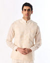 Manyavar Men Cream Blended Cotton Kurta Jacket Set with Embroidery
