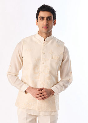 Manyavar Men Cream Blended Cotton Kurta Jacket Set with Embroidery