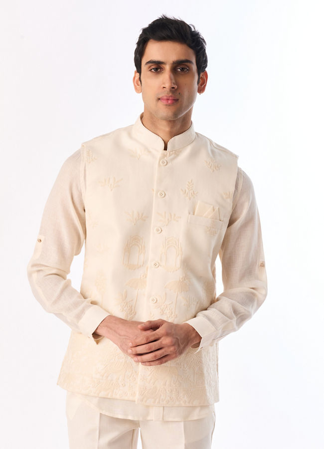 Manyavar Men Cream Blended Cotton Kurta Jacket Set with Embroidery