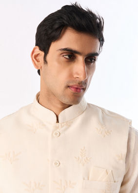 Manyavar Men Cream Blended Cotton Kurta Jacket Set with Embroidery