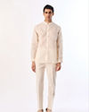 Manyavar Men Cream Blended Cotton Kurta Jacket Set with Embroidery