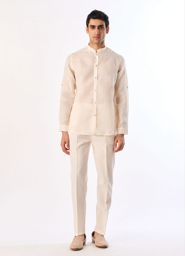 Manyavar Men Cream Blended Cotton Kurta Jacket Set with Embroidery