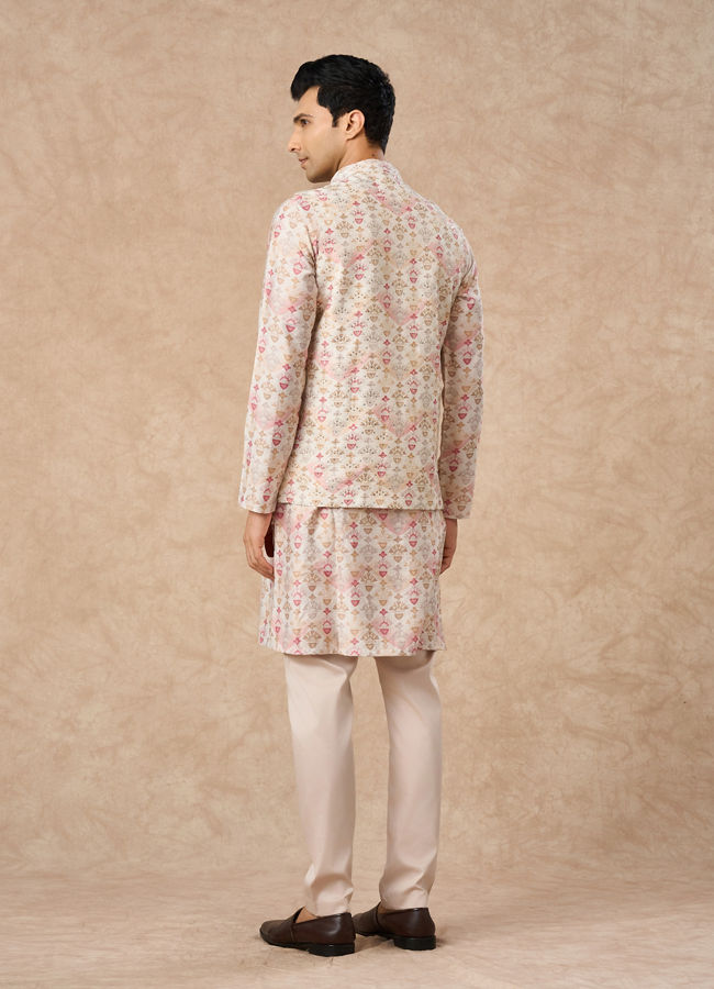 Manyavar Men Pink Blended Viscose Kurta Jacket Set with Print