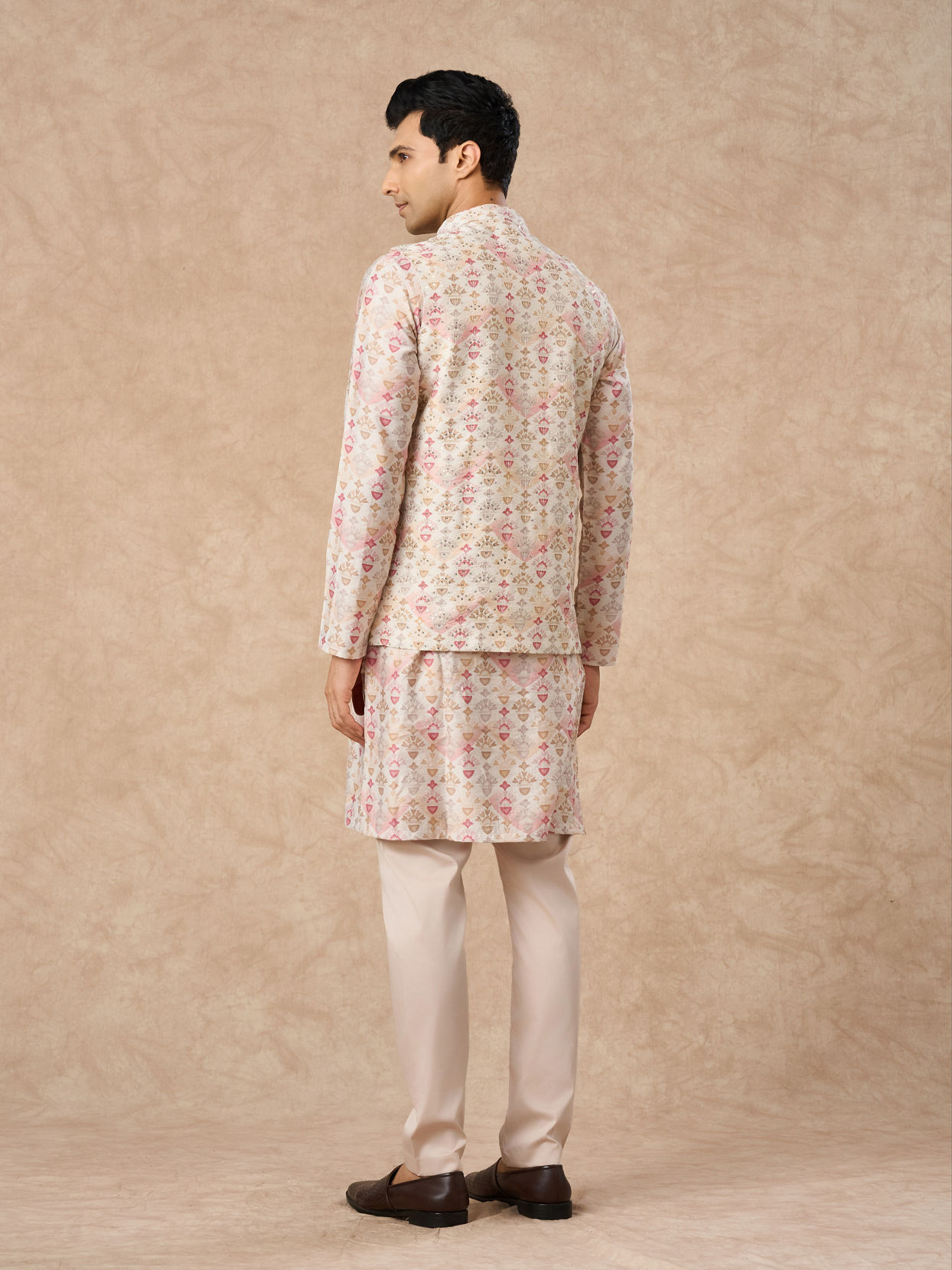 Manyavar Men Pink Blended Viscose Kurta Jacket Set with Print