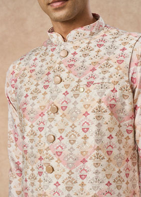 Manyavar Men Pink Blended Viscose Kurta Jacket Set with Print