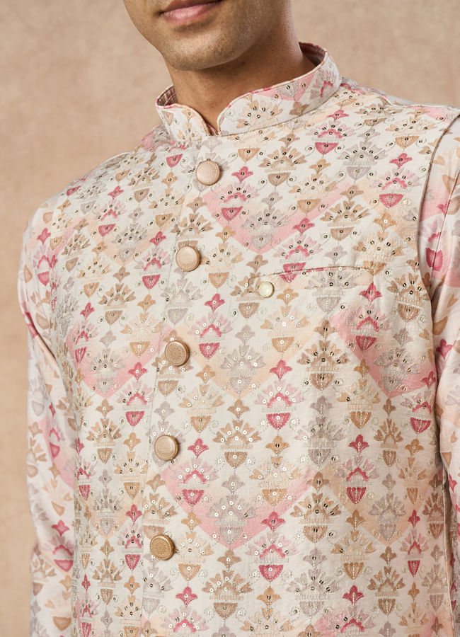 Manyavar Men Pink Blended Viscose Kurta Jacket Set with Print
