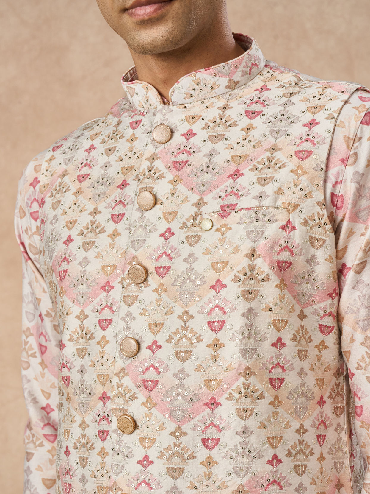 Manyavar Men Pink Blended Viscose Kurta Jacket Set with Print