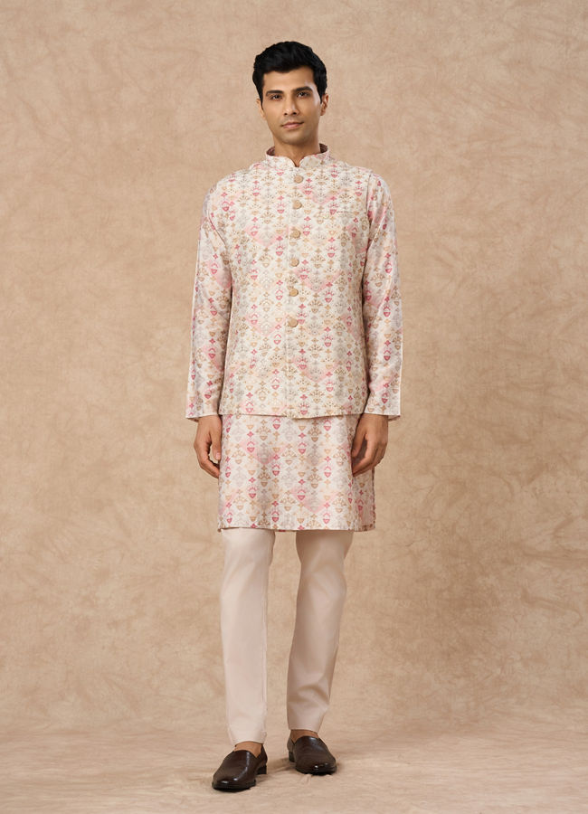 Manyavar Men Pink Blended Viscose Kurta Jacket Set with Print