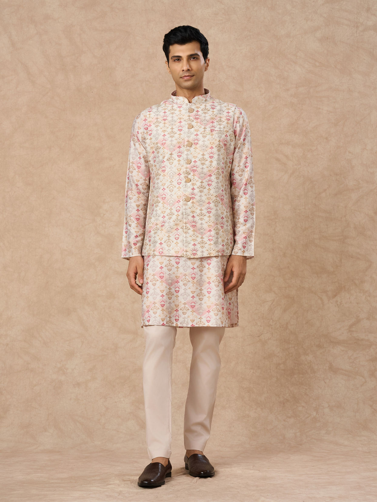 Manyavar Men Pink Blended Viscose Kurta Jacket Set with Print