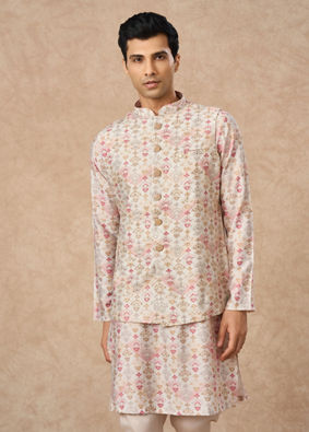 Manyavar Men Pink Blended Viscose Kurta Jacket Set with Print
